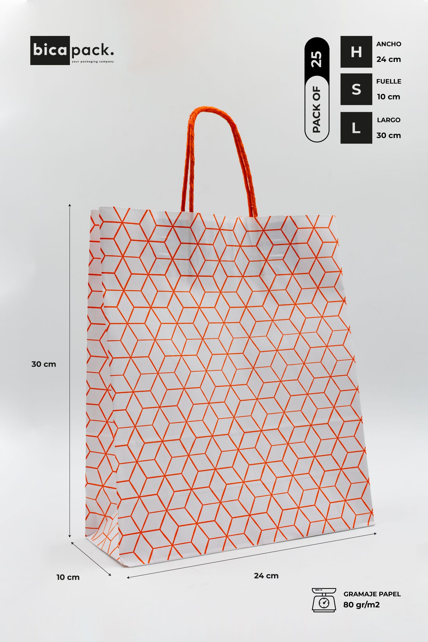 Pack de 25 Bolsas de Papel Kraft Reciclado con Asas Trenzadas y Estampado Geométrico en Naranja