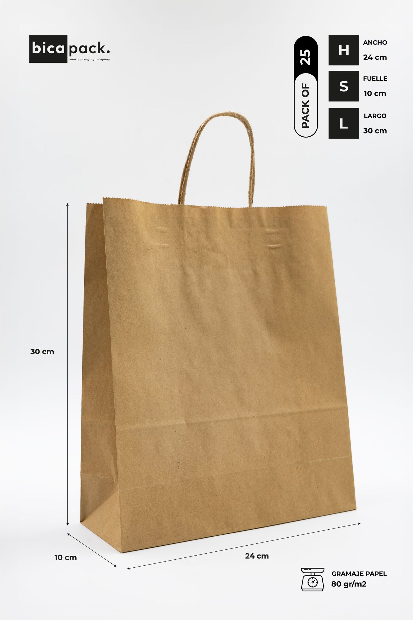 Pack de 25 Bolsas de Papel Kraft con Asas Trenzadas