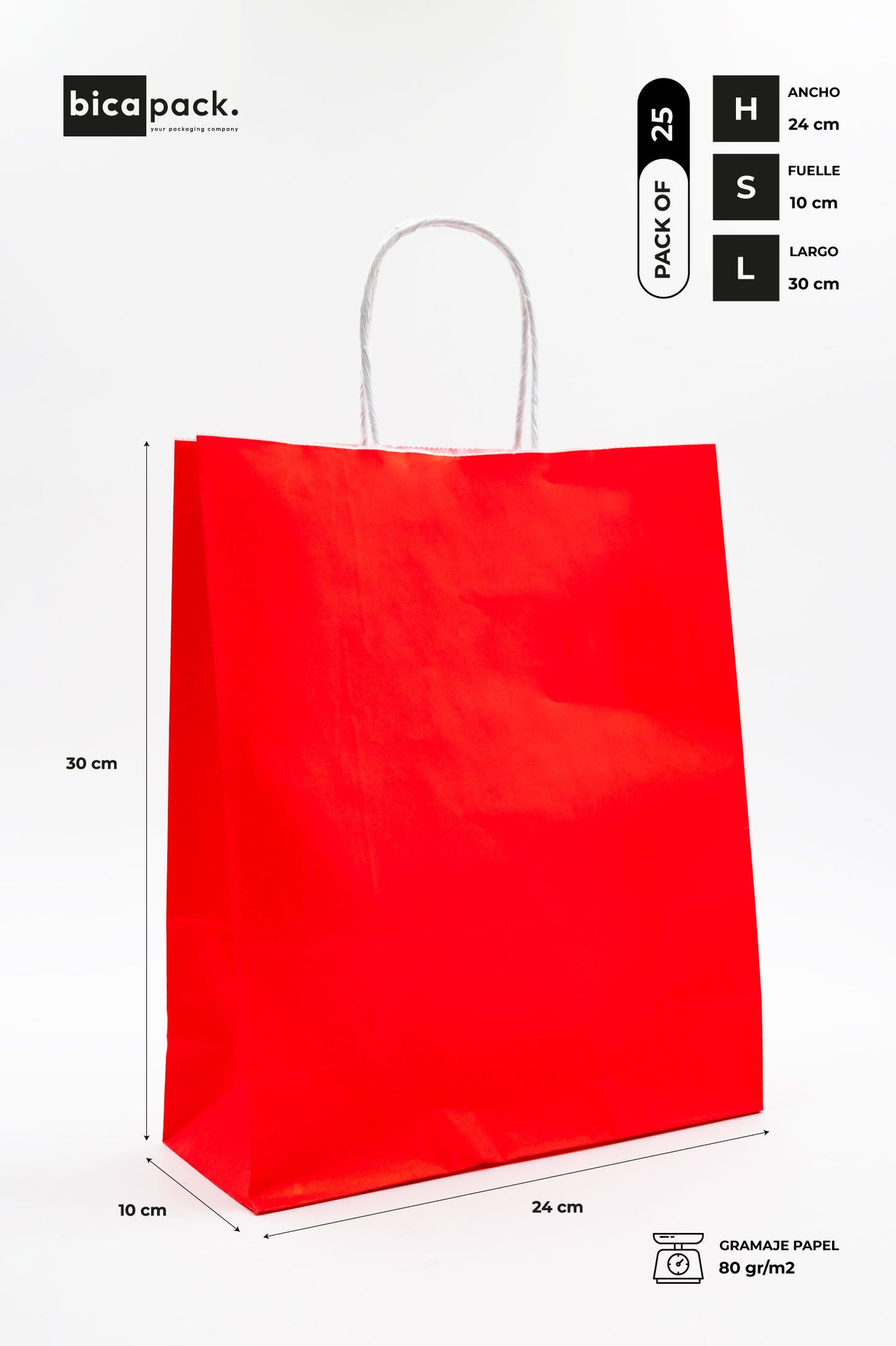 Pack de 25 Bolsas de Papel Kraft 80gr/m2 con Asas Trenzadas – Rojo