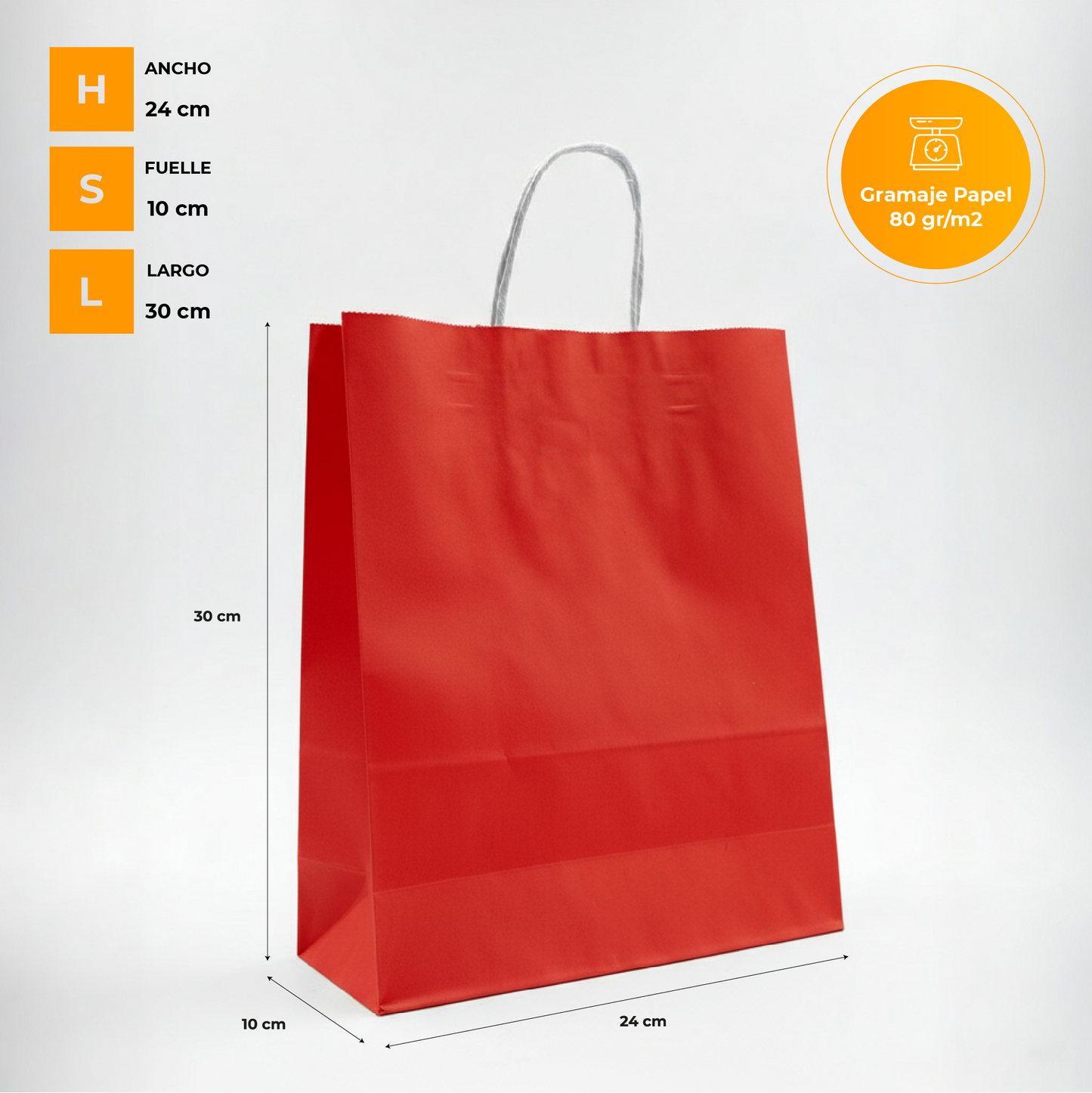 Pack of 25 Kraft Paper Bags 80gr/m2 with Braided Handles – Red