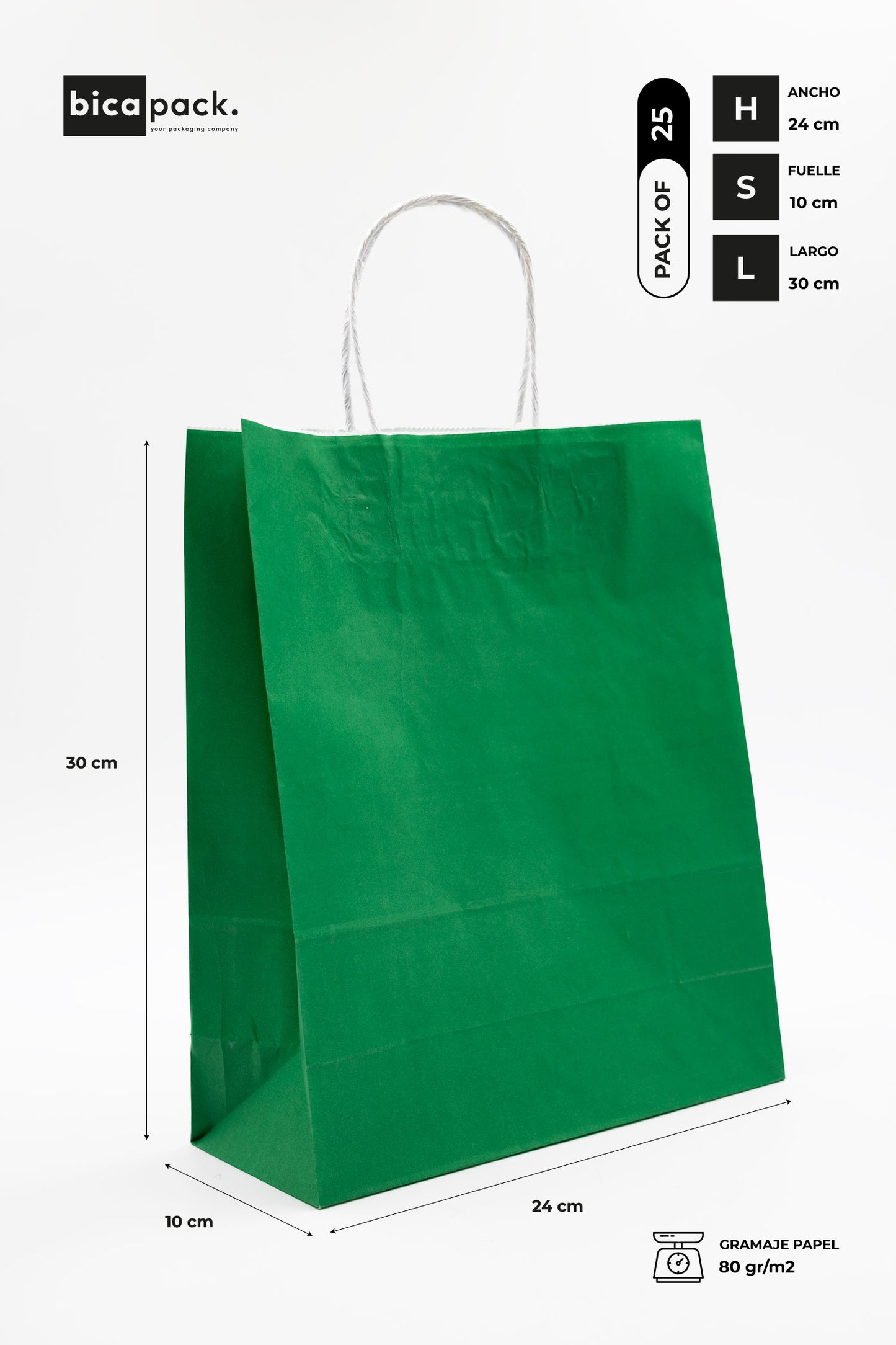 Pack de 25 Bolsas de Papel Kraft con Asas Trenzadas – Verde