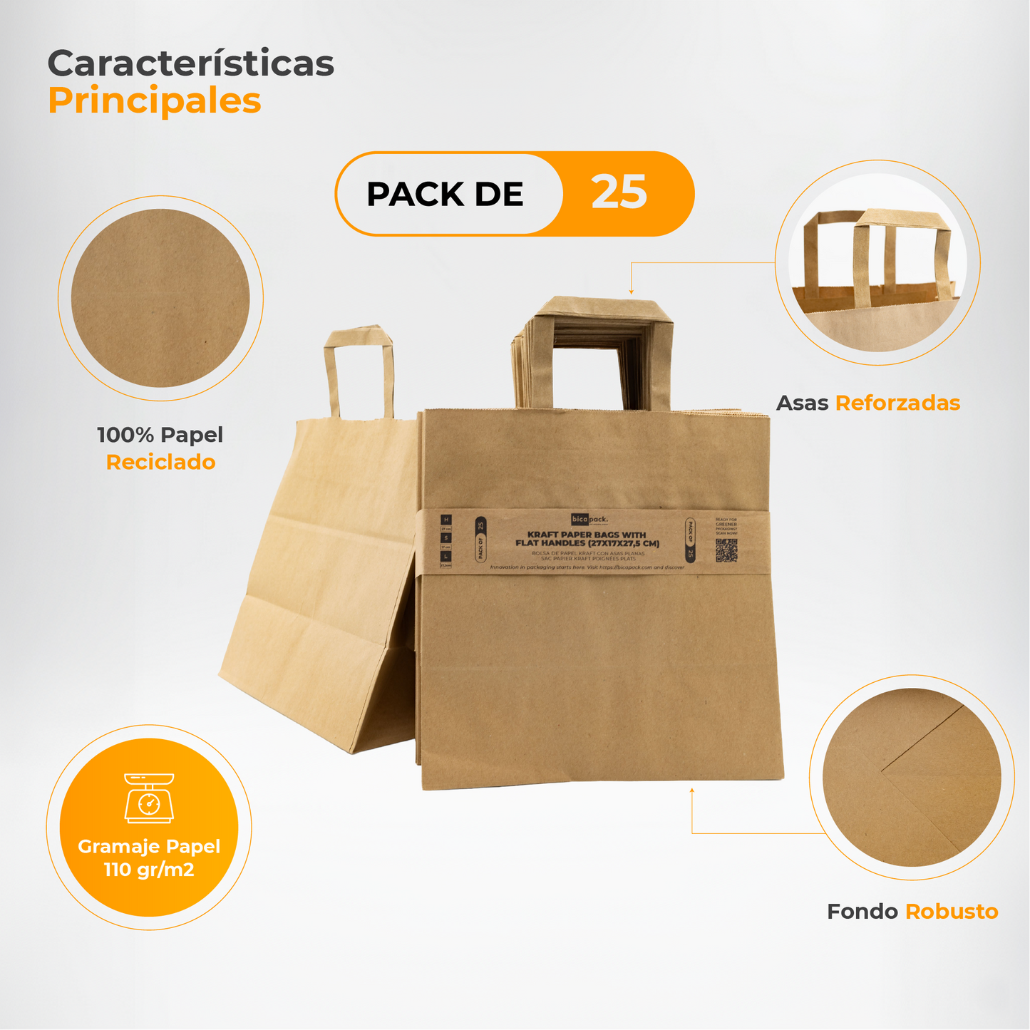 Pack of 25 Kraft Paper Bags 110gr/m2 with Flat Handles