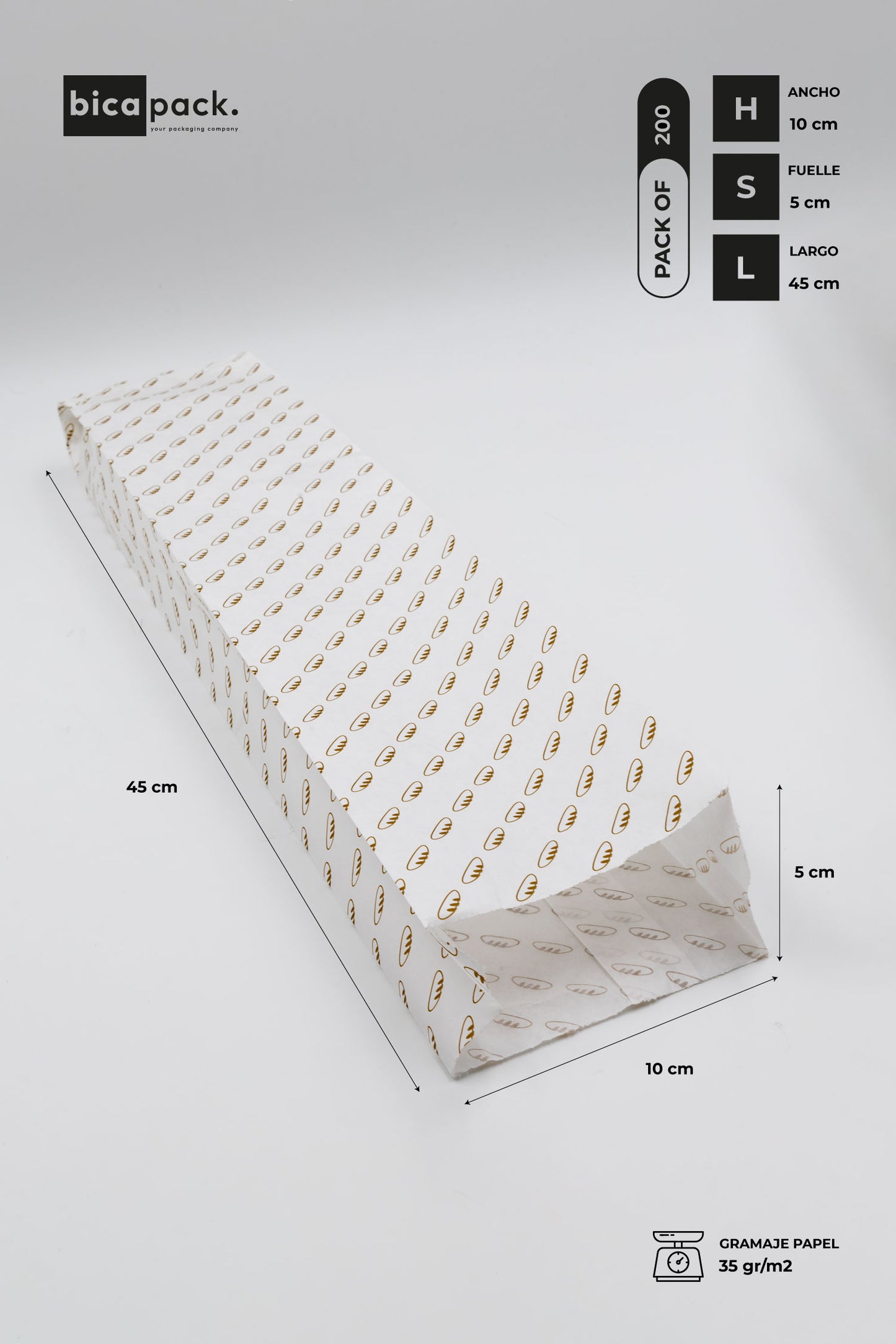Pack de 200 Bolsas de Papel Kraft Blanco 35gr/m2 con Fondo en V – 10x5x45 cm con Estampado de Pan