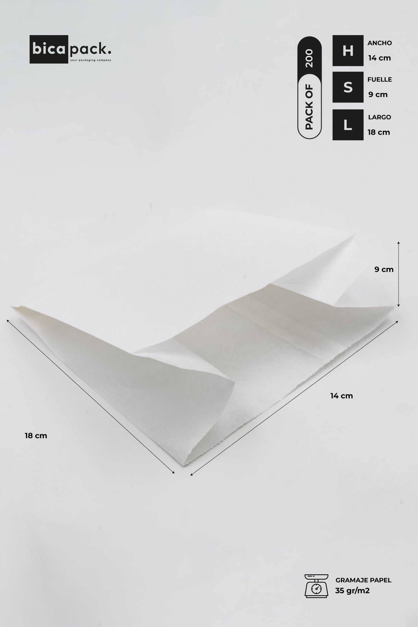 Pack de 200 Bolsas de Papel Kraft Blanco 35 gr/m2 con Fondo en V – 14x9x18 cm