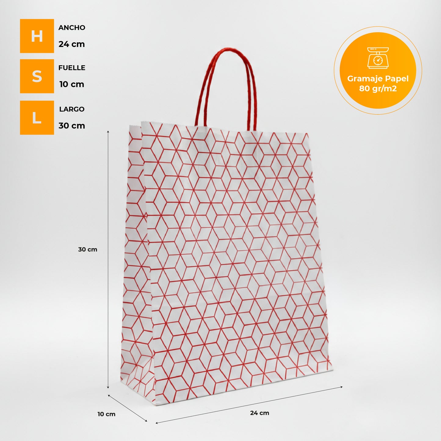 Pack of 25 Recycled Kraft Paper Bags with Braided Handles and Geometric Print in Red