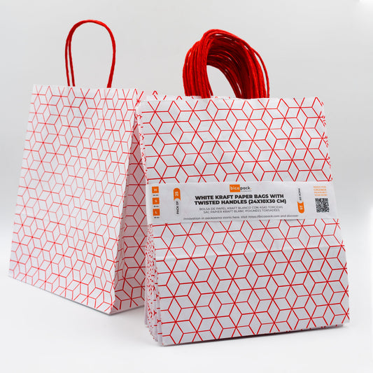 Pack de 25 Bolsas de Papel Kraft Reciclado con Asas Trenzadas y Estampado Geométrico en Rojo
