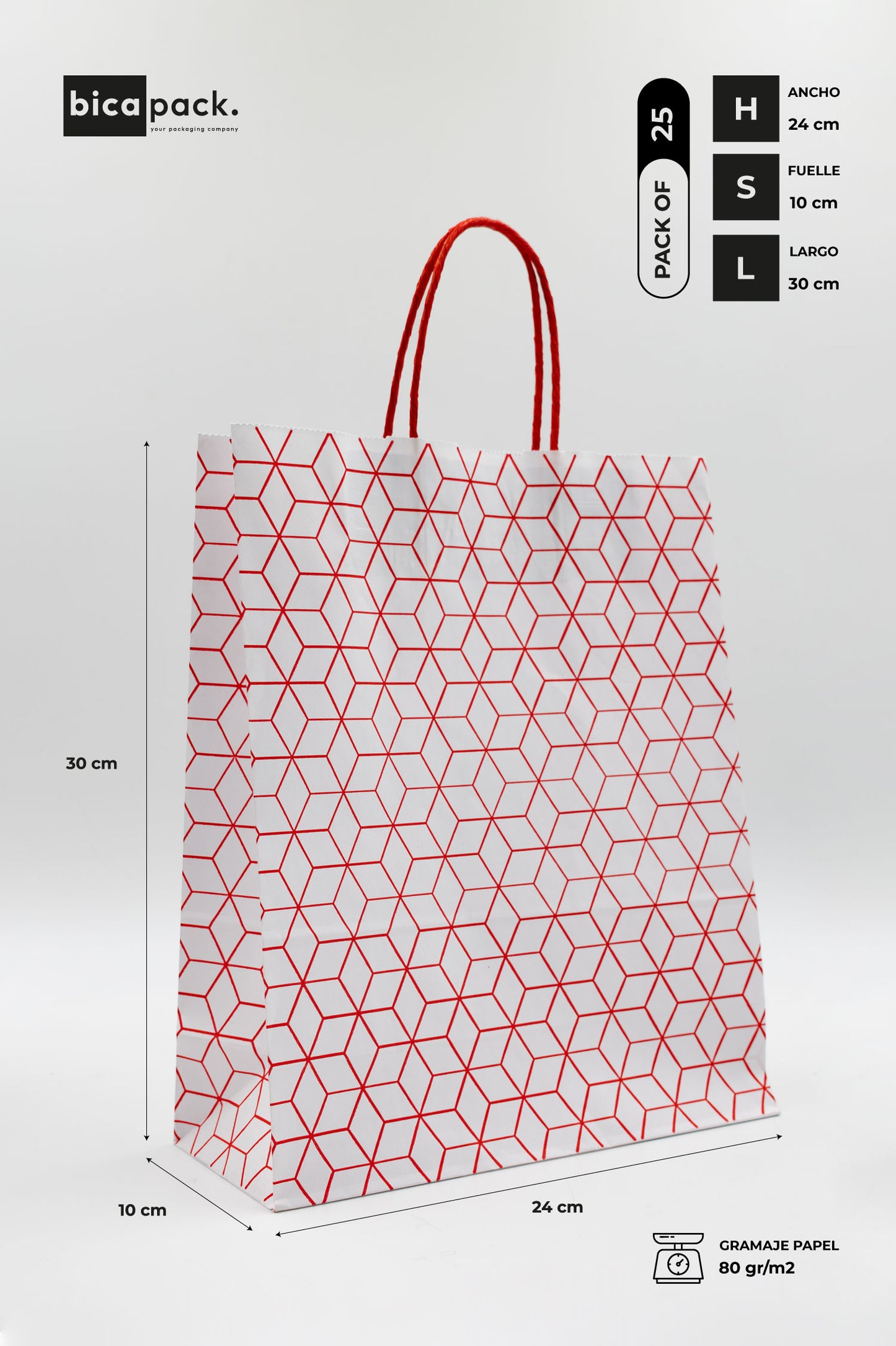 Pack de 25 Bolsas de Papel Kraft Reciclado con Asas Trenzadas y Estampado Geométrico en Rojo