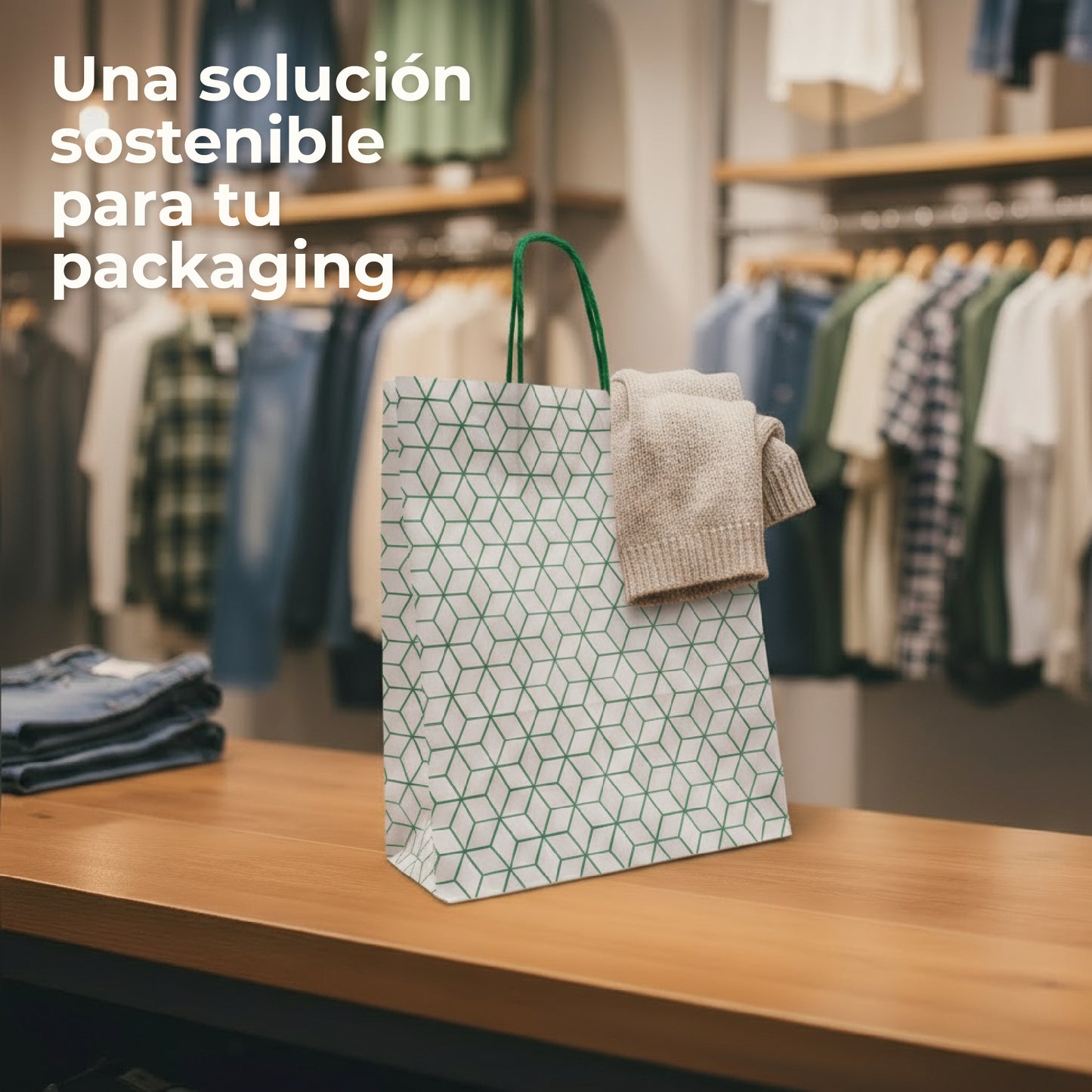Pack of 25 Recycled Kraft Paper Bags with Braided Handles and Geometric Print in Green
