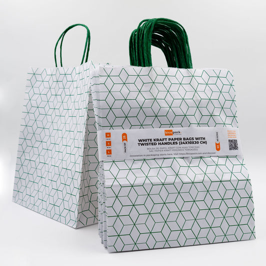 Pack de 25 Bolsas de Papel Kraft Reciclado con Asas Trenzadas y Estampado Geométrico en Verde