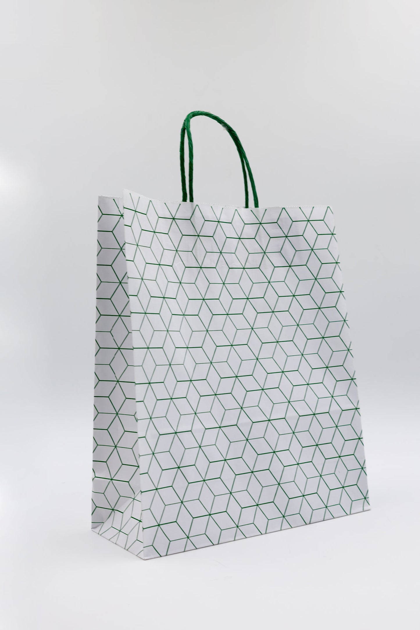 Pack de 25 Bolsas de Papel Kraft Reciclado con Asas Trenzadas y Estampado Geométrico en Verde