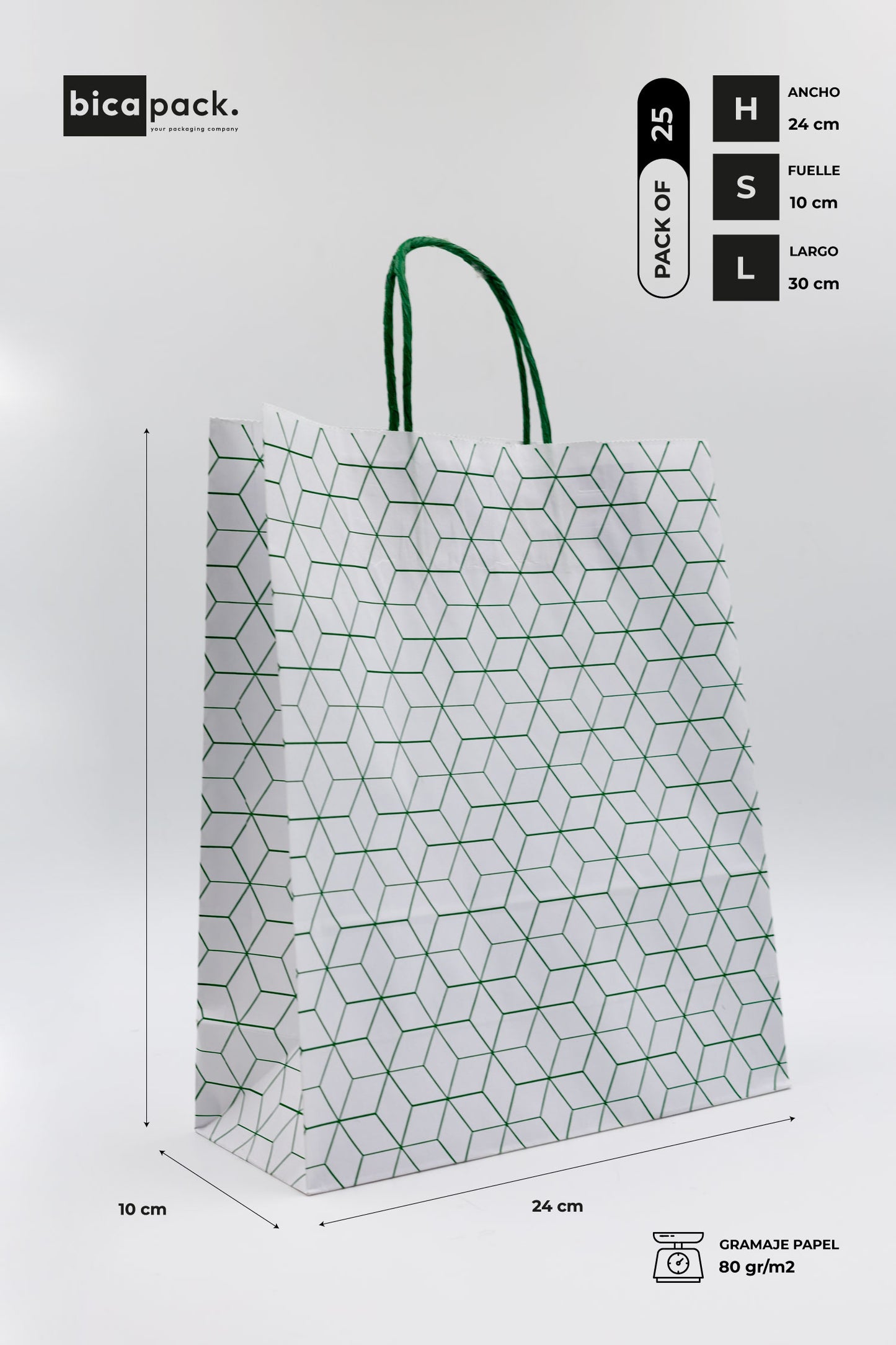 Pack de 25 Bolsas de Papel Kraft Reciclado con Asas Trenzadas y Estampado Geométrico en Verde