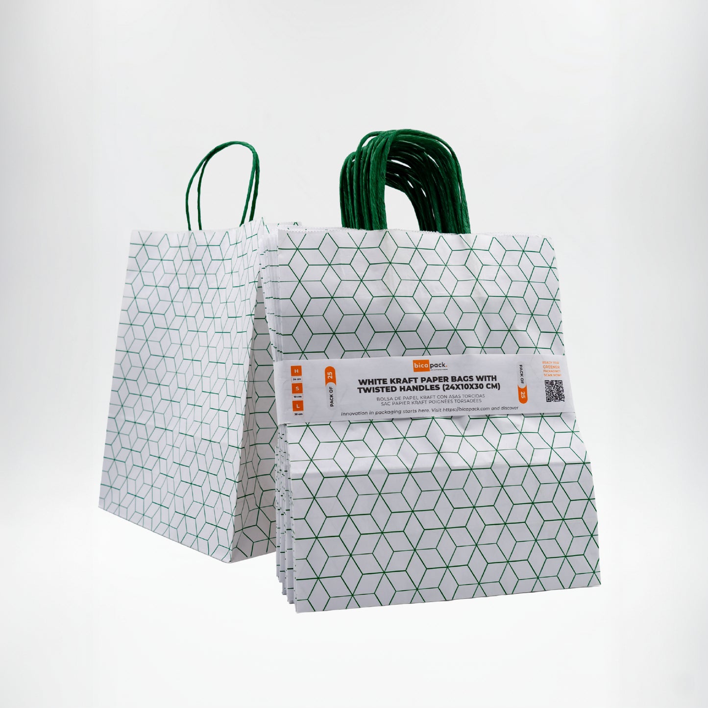 Pack of 25 Recycled Kraft Paper Bags with Braided Handles and Geometric Print in Green