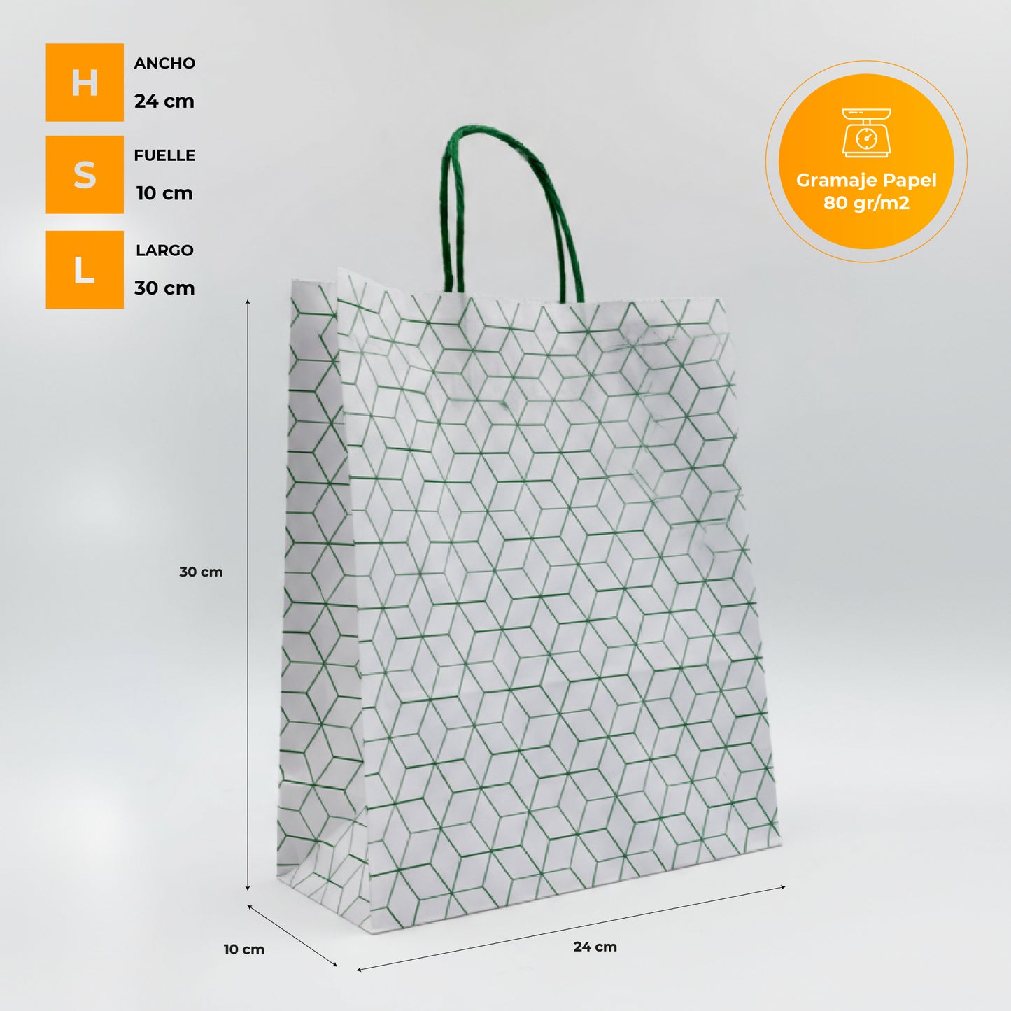 Pack of 25 Recycled Kraft Paper Bags with Braided Handles and Geometric Print in Green
