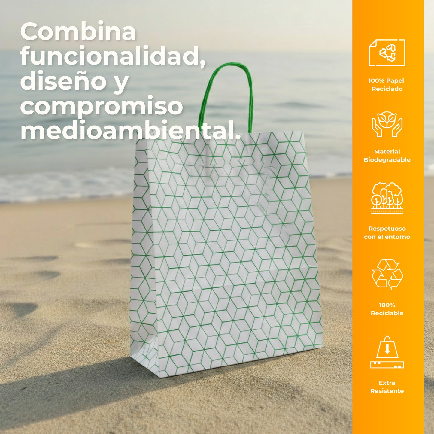 Pack of 25 Recycled Kraft Paper Bags with Braided Handles and Geometric Print in Green