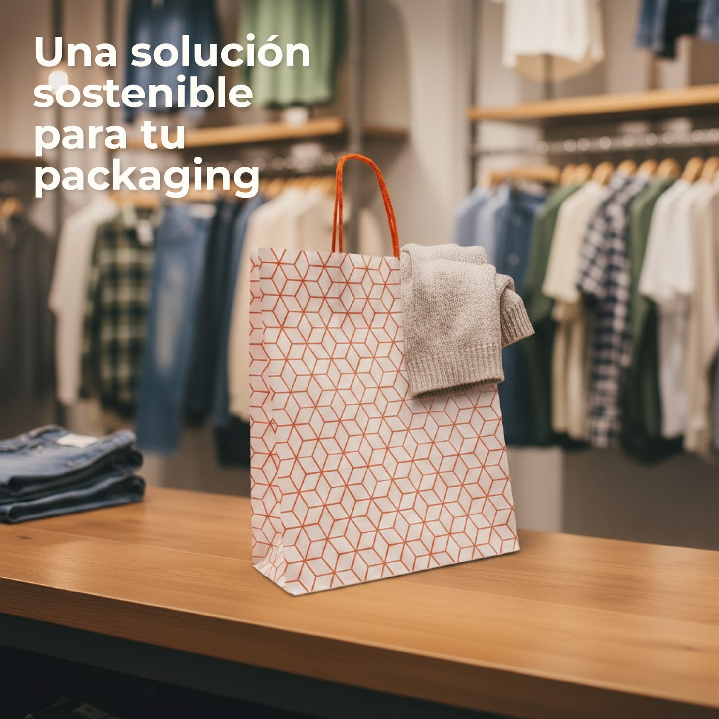 Pack of 25 Recycled Kraft Paper Bags with Braided Handles and Geometric Print in Orange