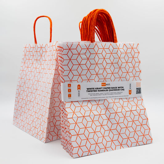 Pack de 25 Bolsas de Papel Kraft Reciclado con Asas Trenzadas y Estampado Geométrico en Naranja