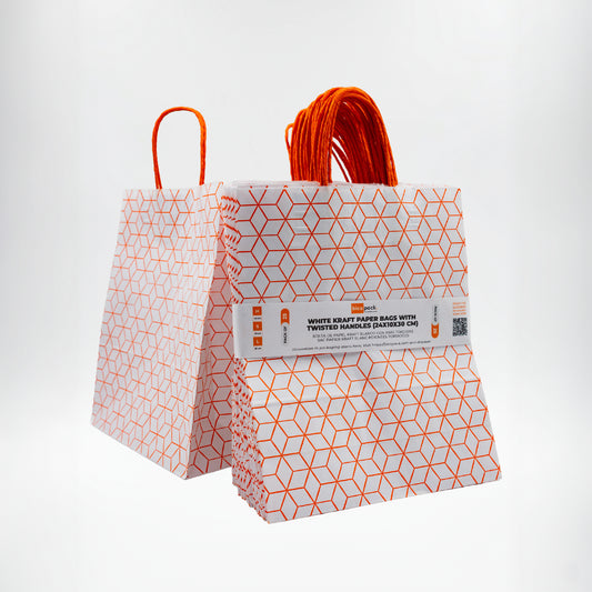 Pack of 25 Recycled Kraft Paper Bags with Braided Handles and Geometric Print in Orange