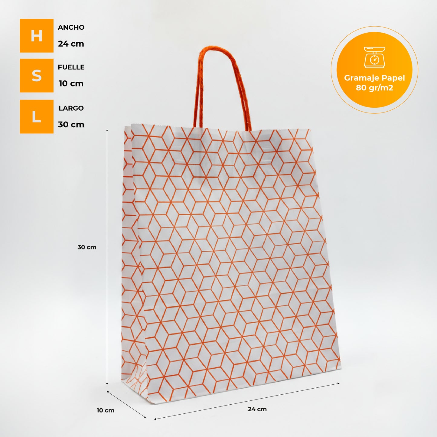 Pack of 25 Recycled Kraft Paper Bags with Braided Handles and Geometric Print in Orange