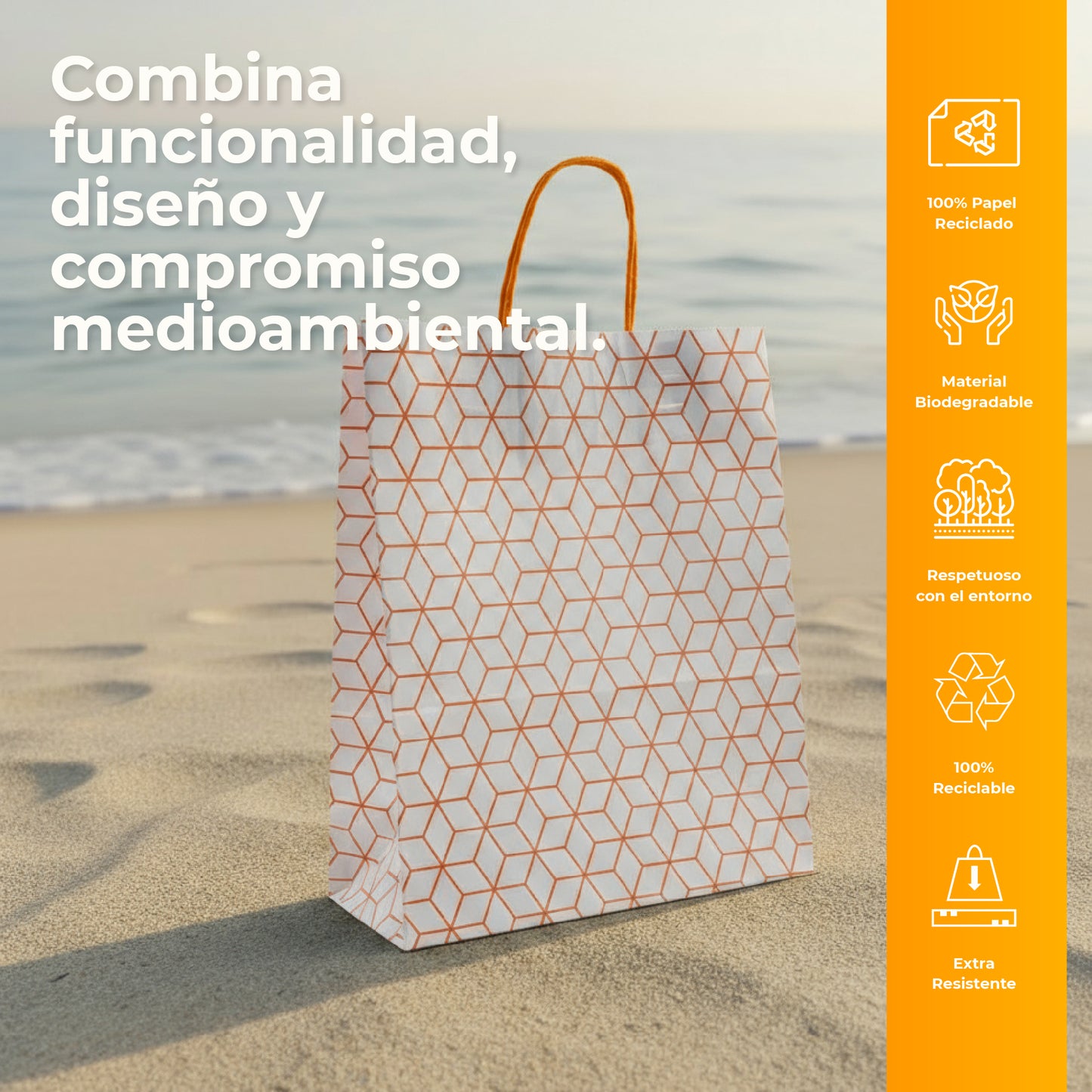 Pack of 25 Recycled Kraft Paper Bags with Braided Handles and Geometric Print in Orange