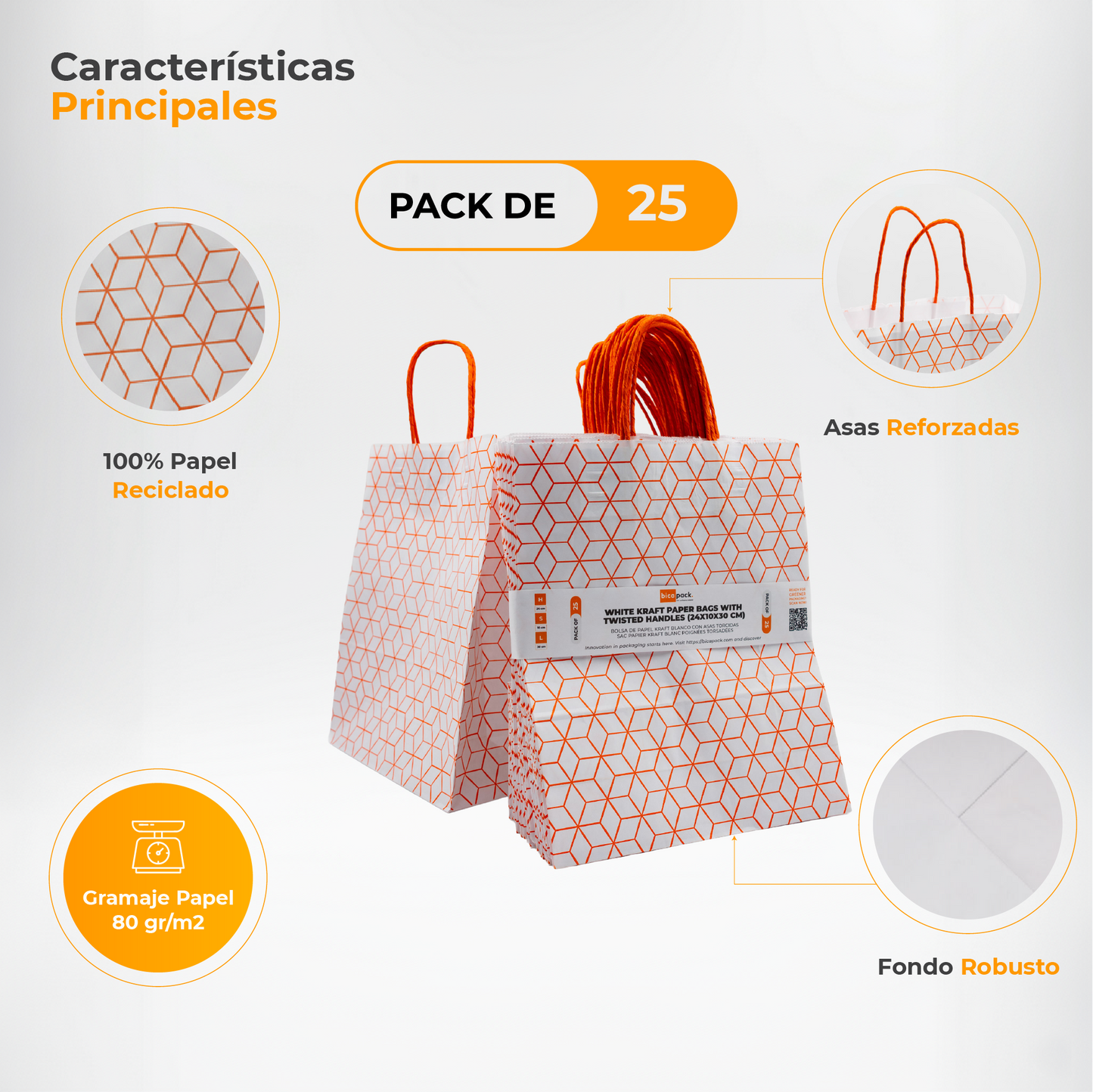 Pack of 25 Recycled Kraft Paper Bags with Braided Handles and Geometric Print in Orange