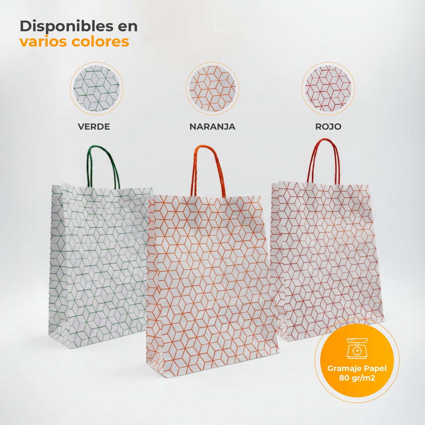Pack of 25 Recycled Kraft Paper Bags with Braided Handles and Geometric Print in Orange