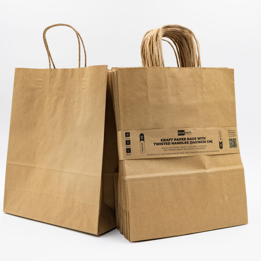 Pack de 25 Bolsas de Papel Kraft con Asas Trenzadas