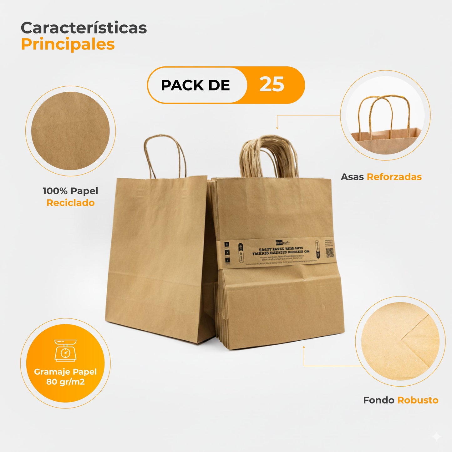 Pack of 25 Kraft Paper Bags with Braided Handles