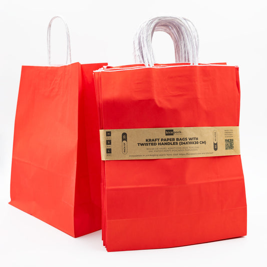 Pack de 25 Bolsas de Papel Kraft 80gr/m2 con Asas Trenzadas – Rojo
