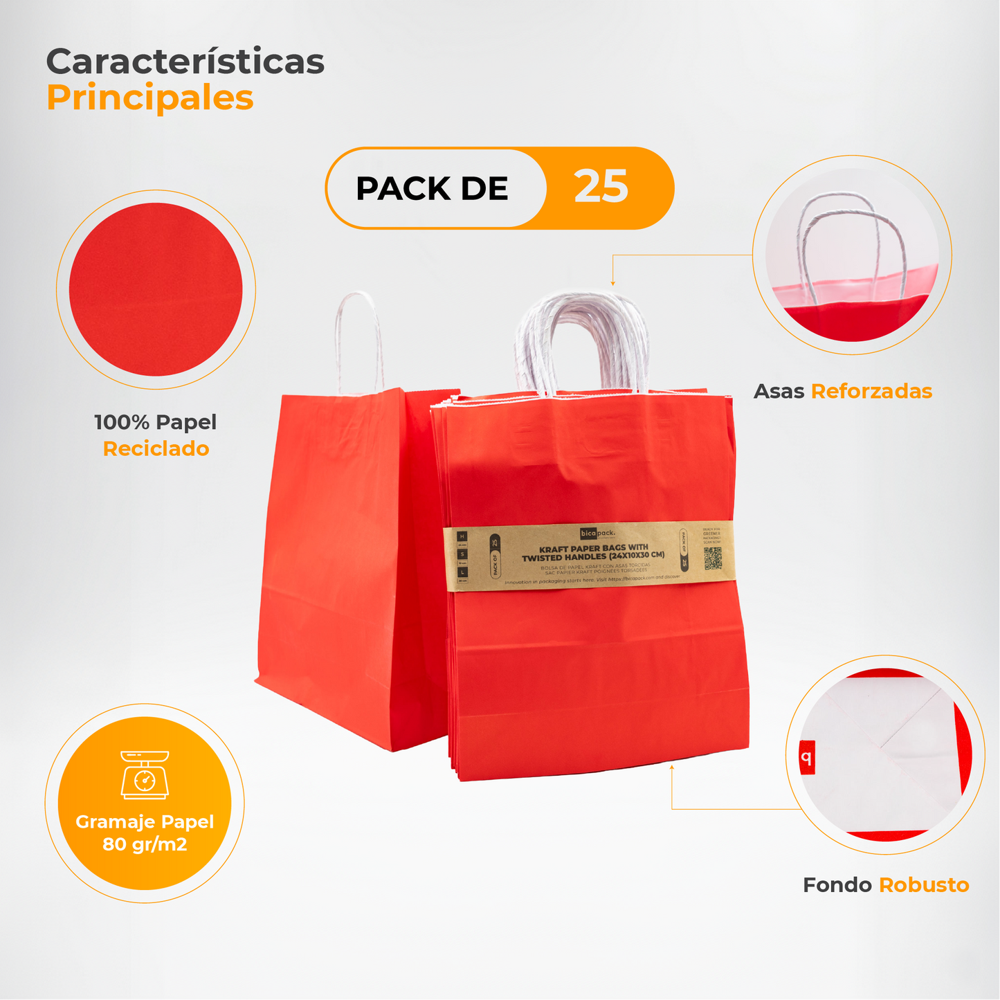 Pack of 25 Kraft Paper Bags 80gr/m2 with Braided Handles – Red
