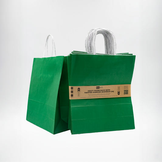 Pack of 25 Kraft Paper Bags with Braided Handles – Green