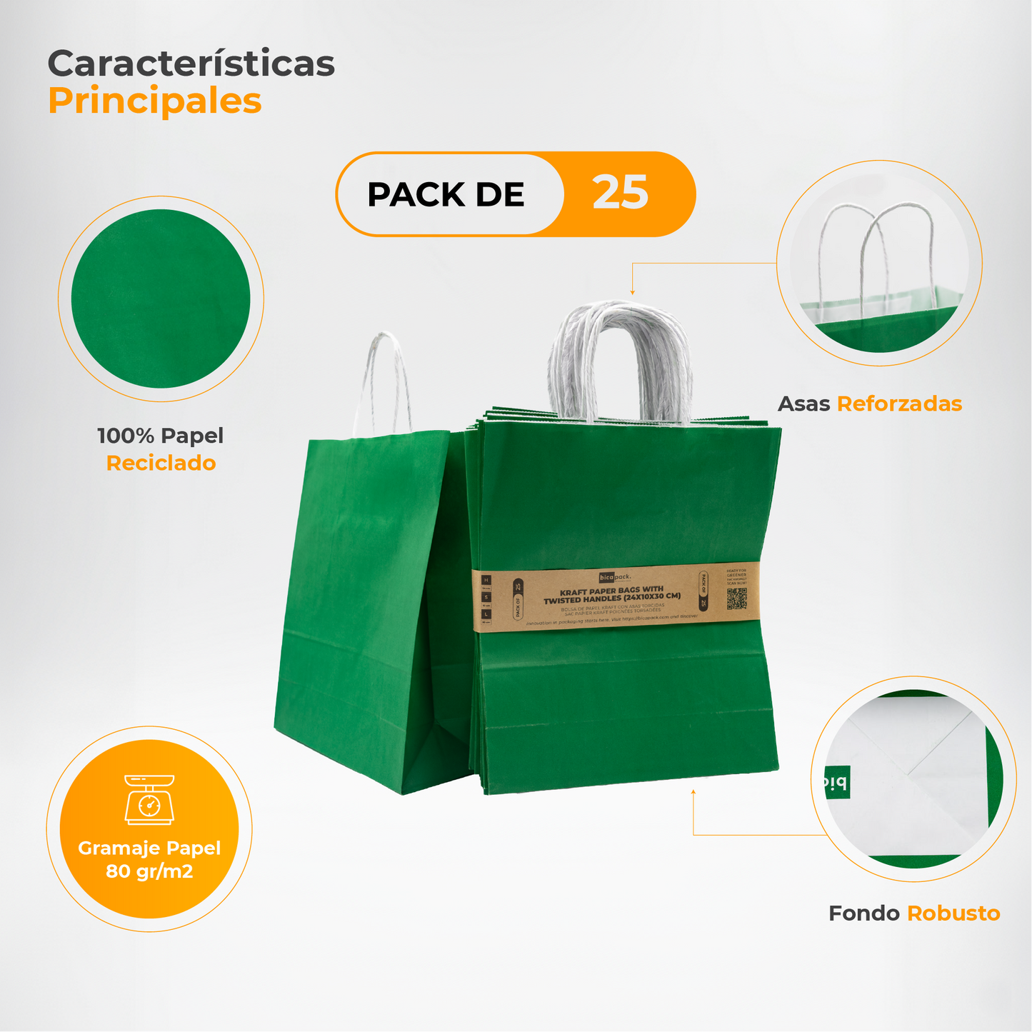 Pack of 25 Kraft Paper Bags with Braided Handles – Green