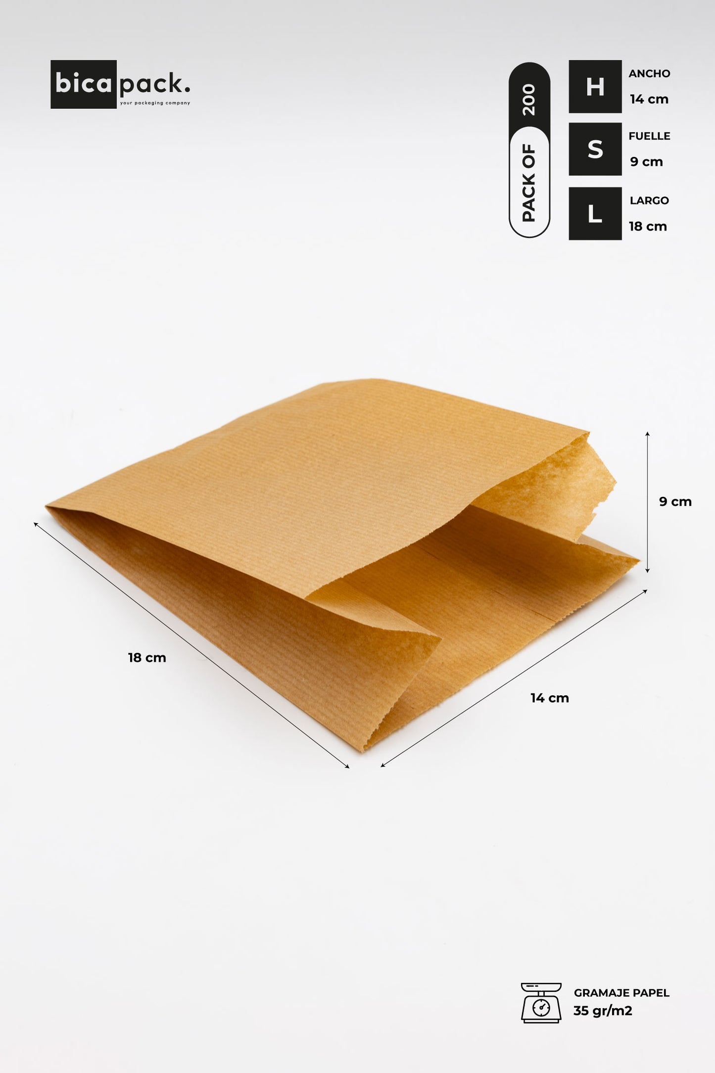 Pack de 200 Bolsas de Papel Kraft Marrón 35 gr/m2 con Fondo en V – 14x9x18 cm
