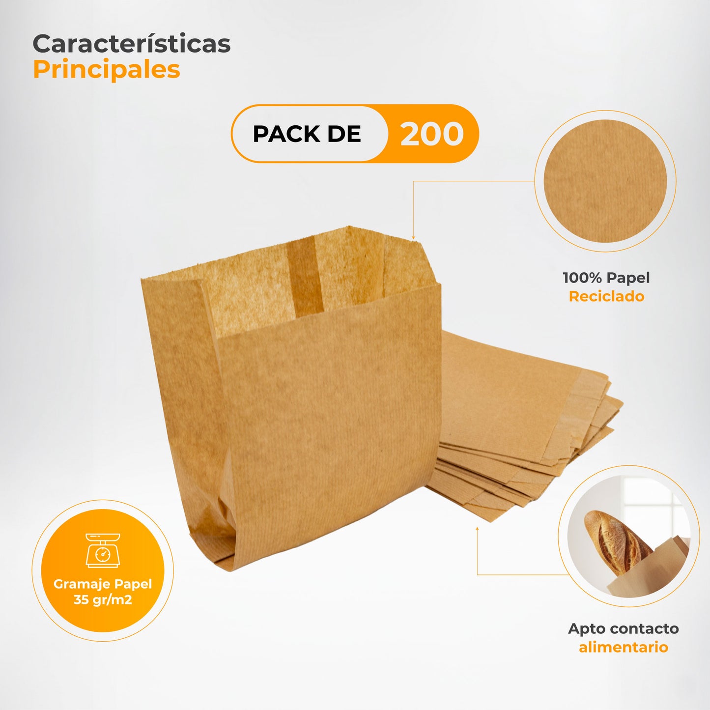Pack of 200 Brown Kraft Paper Bags 35 gr/m2 with V-shaped bottom – 14x9x18 cm