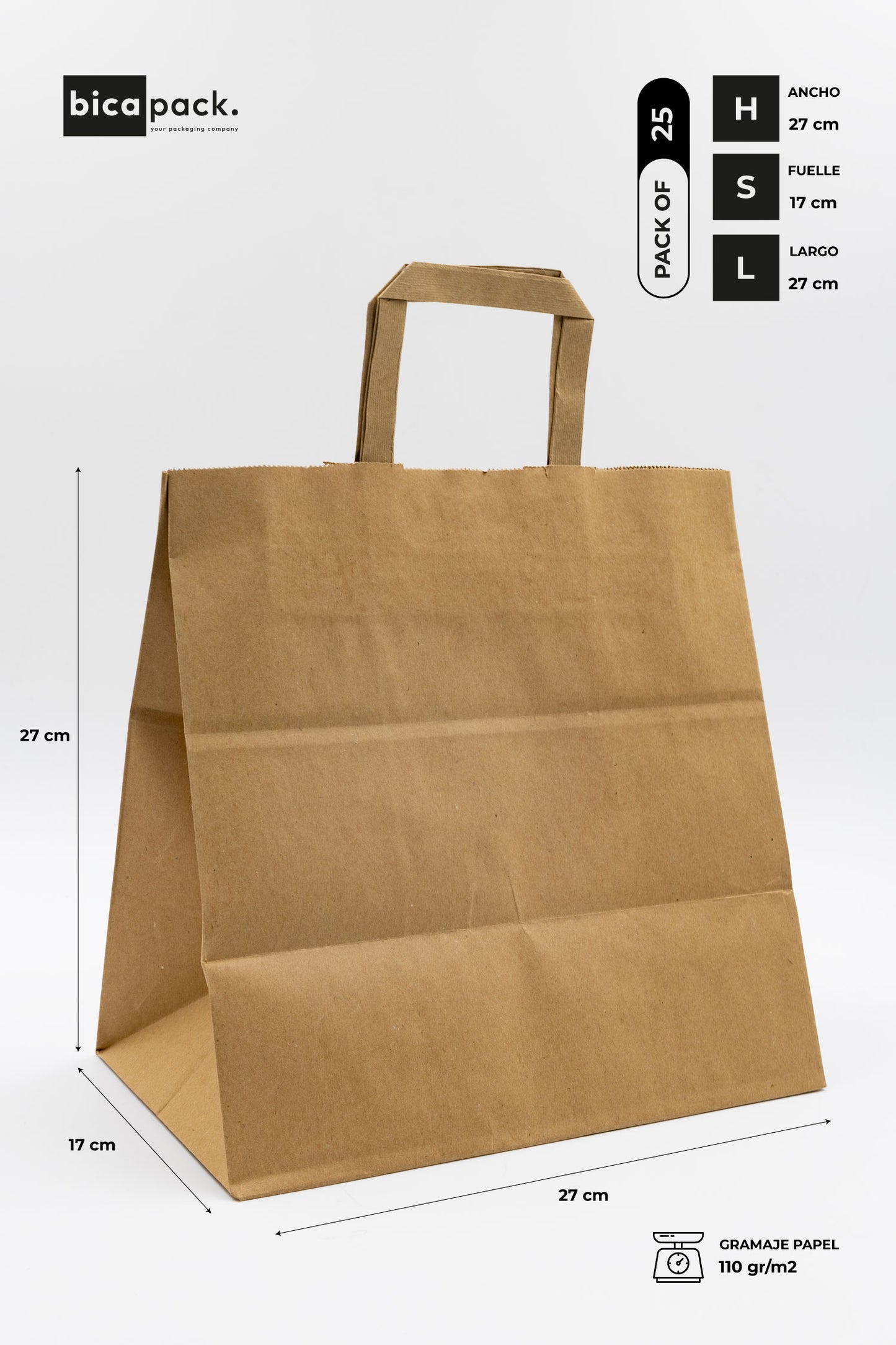 Pack de 25 Bolsas de Papel Kraft 110gr/m2 con Asas Planas