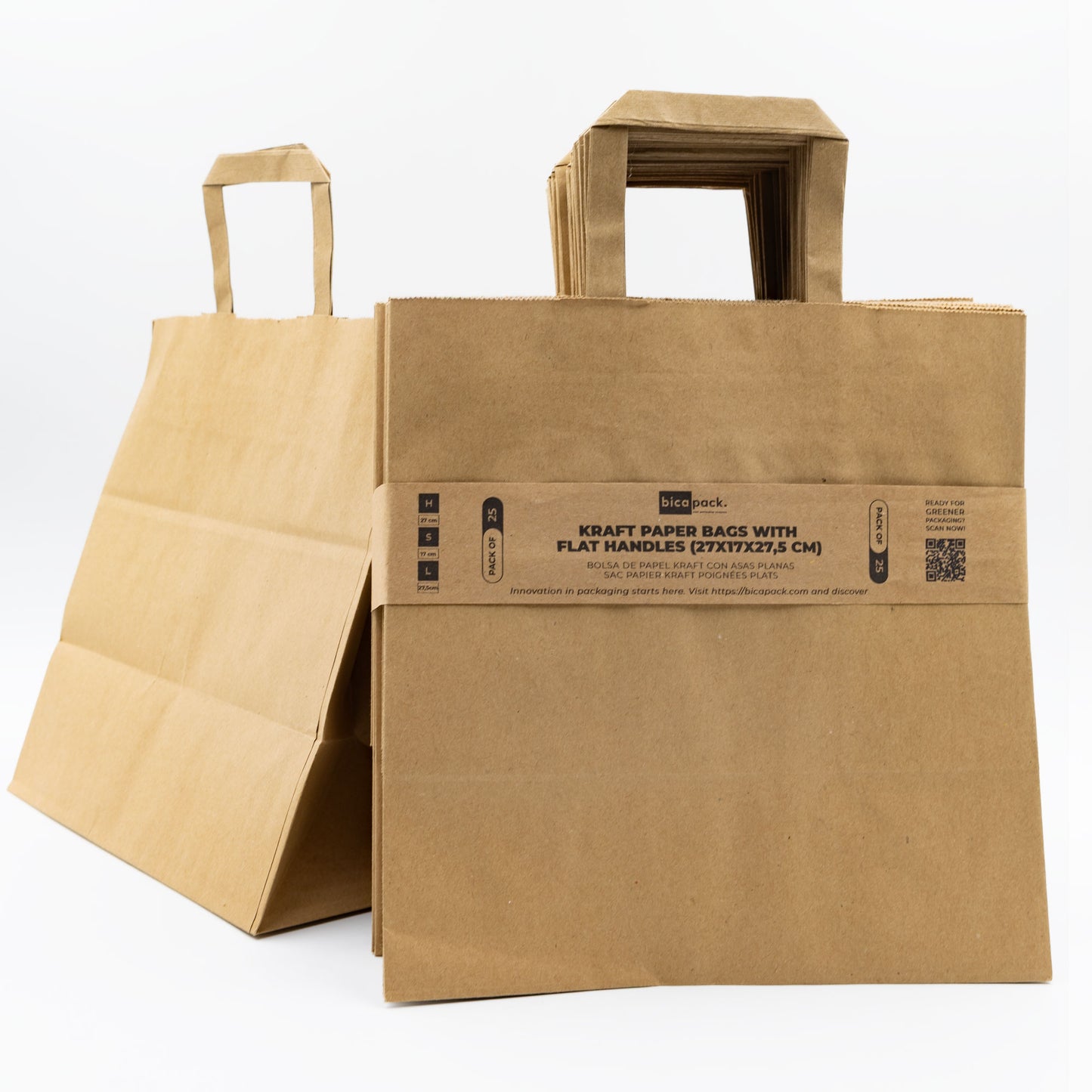 Pack de 25 Bolsas de Papel Kraft 110gr/m2 con Asas Planas