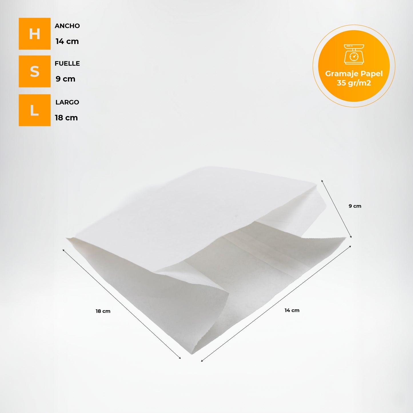 Pack of 200 White Kraft Paper Bags 35 gr/m2 with V-shaped bottom – 14x9x18 cm