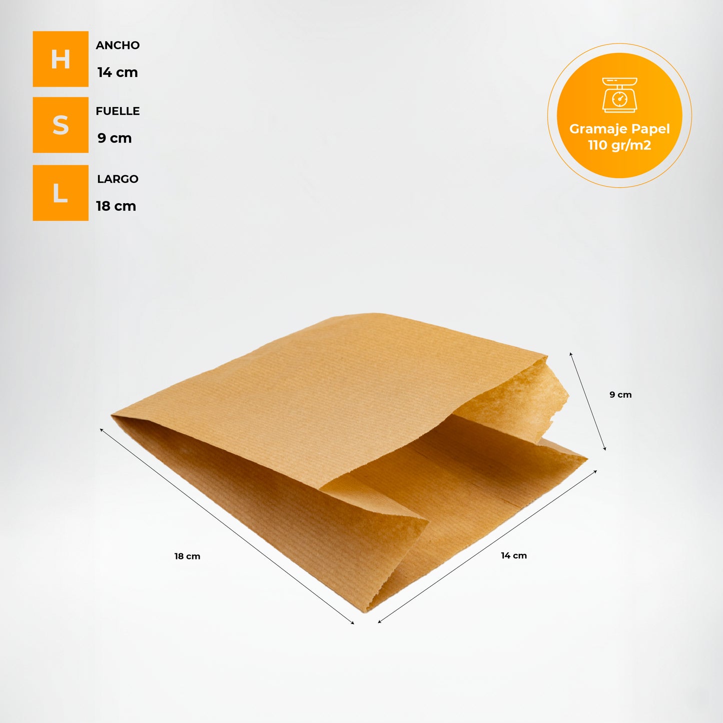 Pack of 200 Brown Kraft Paper Bags 35 gr/m2 with V-shaped bottom – 14x9x18 cm