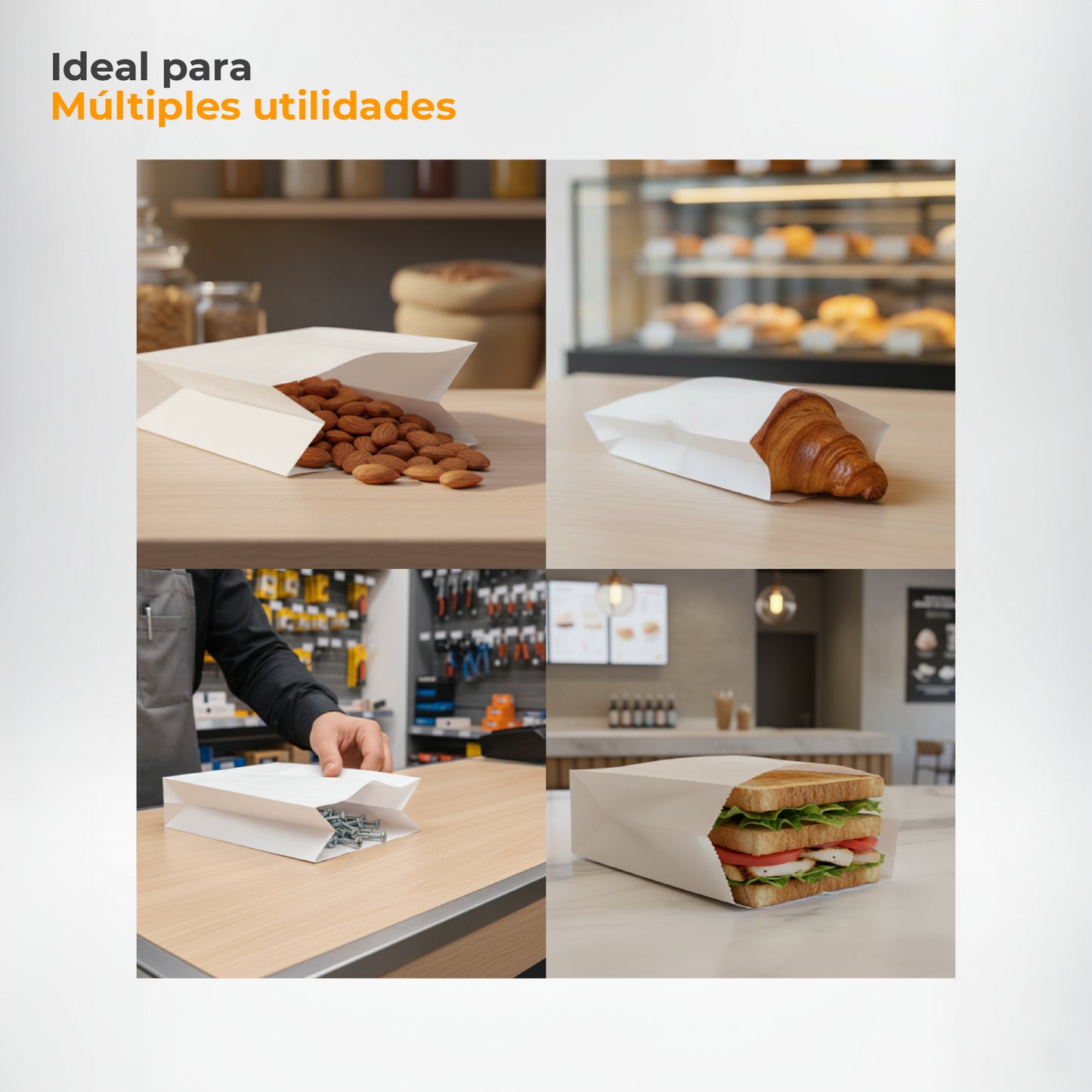 Pack of 200 White Kraft Paper Bags 35gr/m2 with V-shaped bottom – 10x5x45 cm with Bread Print