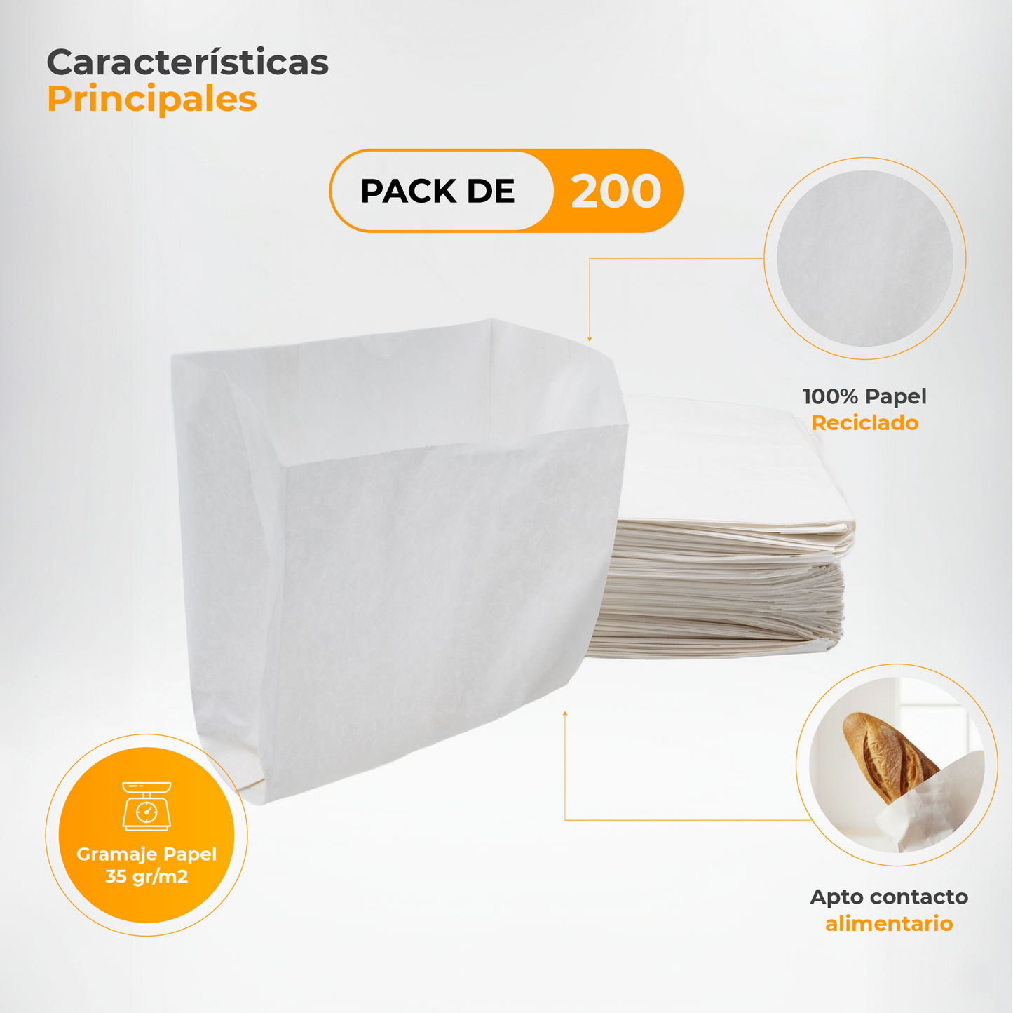 Pack of 200 White Kraft Paper Bags 35 gr/m2 with V-shaped bottom – 14x9x18 cm