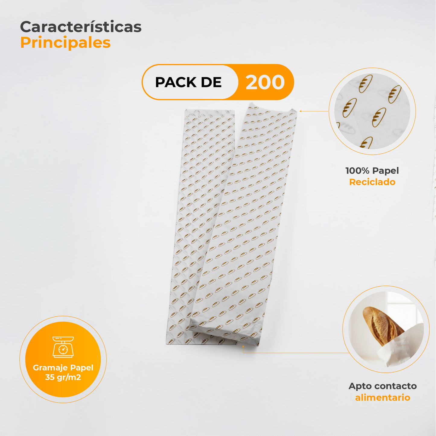 Pack of 200 White Kraft Paper Bags 35gr/m2 with V-shaped bottom – 10x5x45 cm with Bread Print
