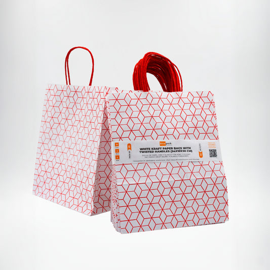 Pack of 25 Recycled Kraft Paper Bags with Braided Handles and Geometric Print in Red